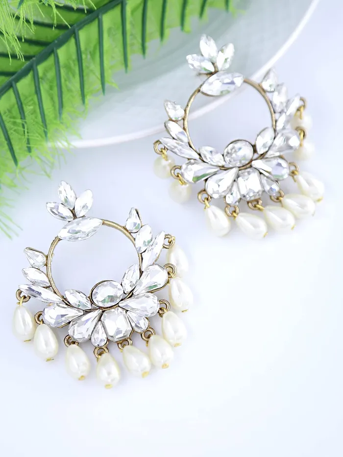 Earrings Yellow Chimes Yellow Chimes Chandbali Earrings for Women Ethnic Studded Stones Beads Traditional White Chandbali Earrings for Women and Girls