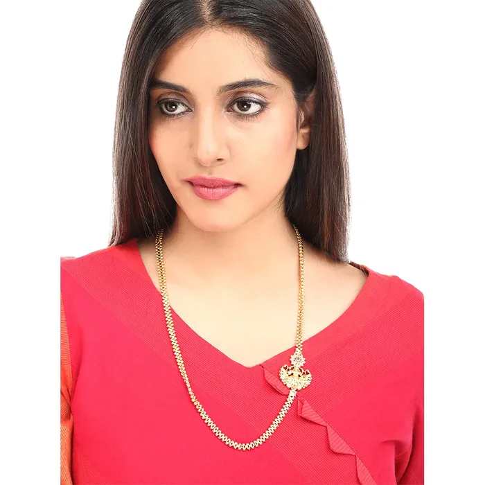 Earrings Yellow Chimes Yellow Chimes Classic ADAmerican Diamond Studded Gold Plated Necklace Lakshmi Mugappu Mopu Chain Thali chain Design with side Mugappu for Women and Girls