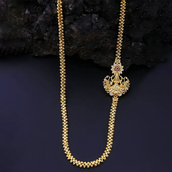 Earrings Yellow Chimes Yellow Chimes Classic ADAmerican Diamond Studded Gold Plated Necklace Lakshmi Mugappu Mopu Chain Thali chain Design with side Mugappu for Women and Girls