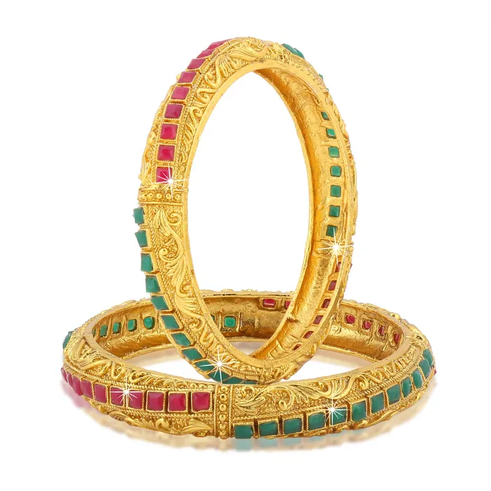Earrings Yellow Chimes Yellow Chimes Classic Design Studded Stones 2 PCs Traditional Gold Plated Bracelet Bangles Set for Women and Girls 26