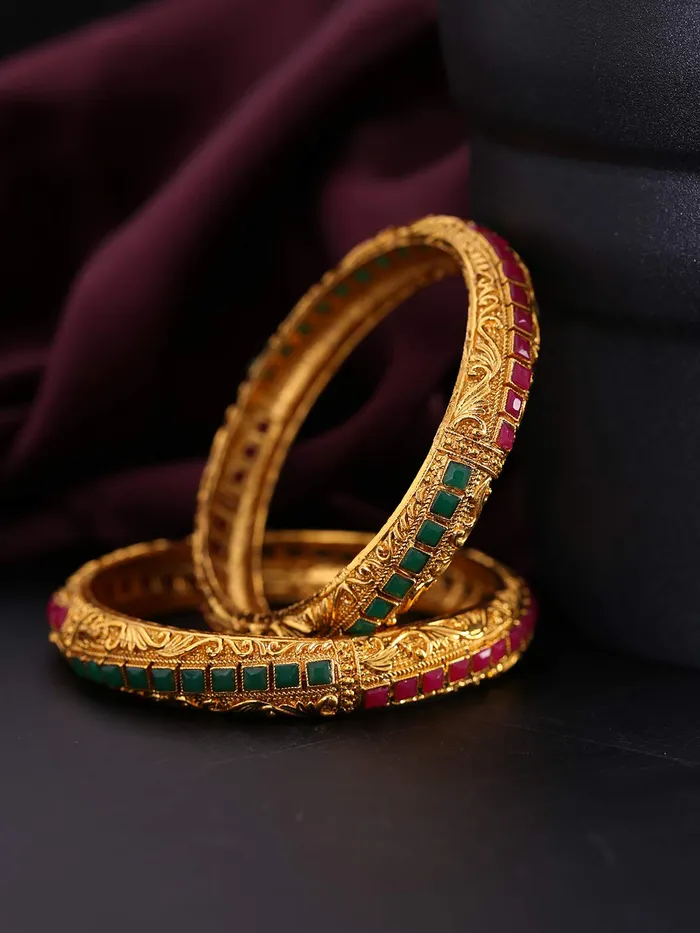 Earrings Yellow Chimes Yellow Chimes Classic Design Studded Stones 2 PCs Traditional Gold Plated Bracelet Bangles Set for Women and Girls 26