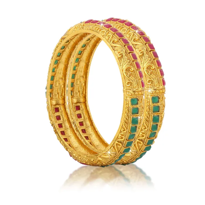 Earrings Yellow Chimes Yellow Chimes Classic Design Studded Stones 2 PCs Traditional Gold Plated Bracelet Bangles Set for Women and Girls 26
