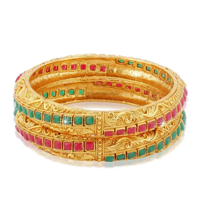 Earrings Yellow Chimes Yellow Chimes Classic Design Studded Stones 2 PCs Traditional Gold Plated Bracelet Bangles Set for Women and Girls 26