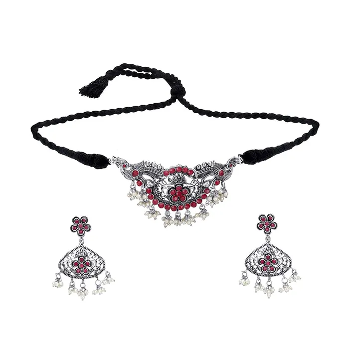 Earrings Yellow Chimes Yellow Chimes Classic German Silver Oxidised Pink Studded stones Flower Peacock Design Pearl moti Hand made Dori Thread Traditional Choker Necklace Set for Women and Girls Medium