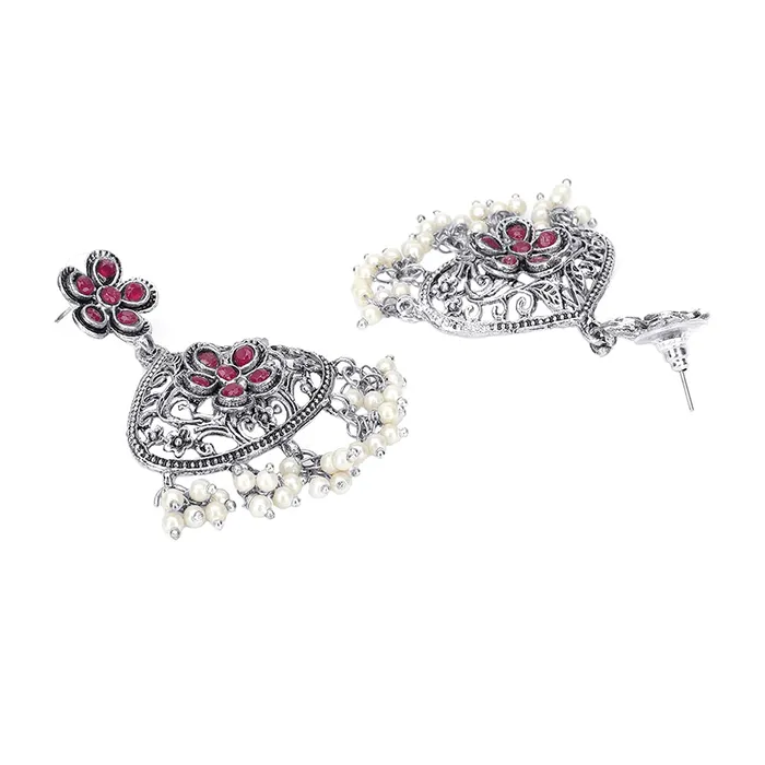 Earrings Yellow Chimes Yellow Chimes Classic German Silver Oxidised Pink Studded stones Flower Peacock Design Pearl moti Hand made Dori Thread Traditional Choker Necklace Set for Women and Girls Medium