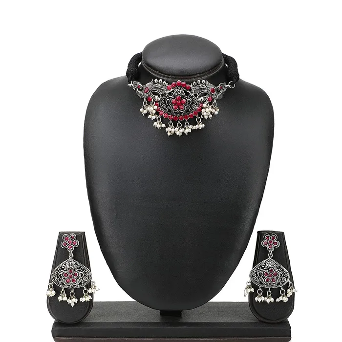 Earrings Yellow Chimes Yellow Chimes Classic German Silver Oxidised Pink Studded stones Flower Peacock Design Pearl moti Hand made Dori Thread Traditional Choker Necklace Set for Women and Girls Medium