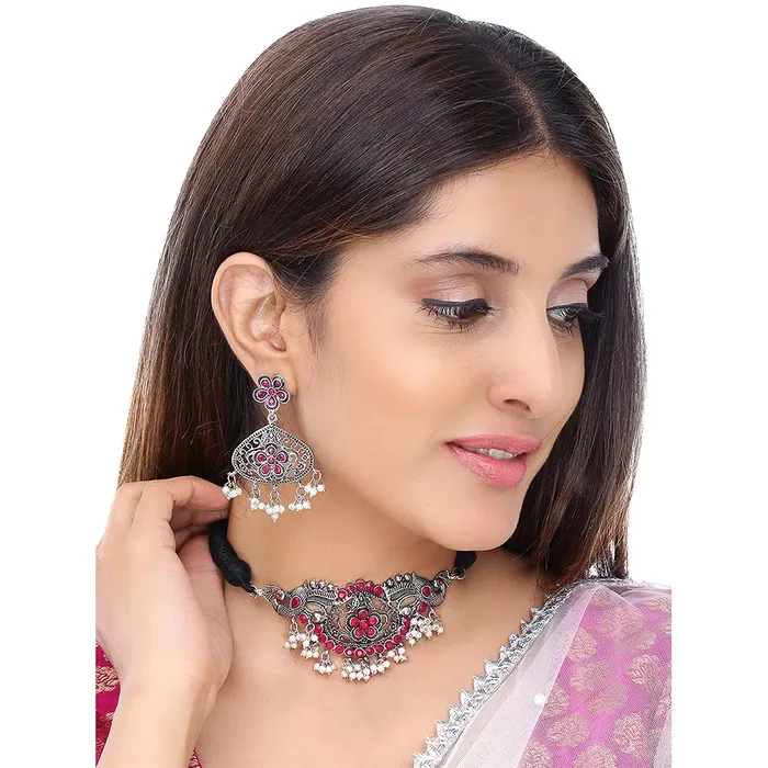 Earrings Yellow Chimes Yellow Chimes Classic German Silver Oxidised Pink Studded stones Flower Peacock Design Pearl moti Hand made Dori Thread Traditional Choker Necklace Set for Women and Girls Medium