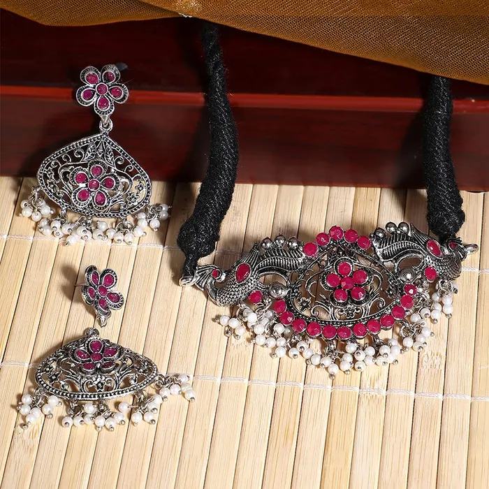 Earrings Yellow Chimes Yellow Chimes Classic German Silver Oxidised Pink Studded stones Flower Peacock Design Pearl moti Hand made Dori Thread Traditional Choker Necklace Set for Women and Girls Medium
