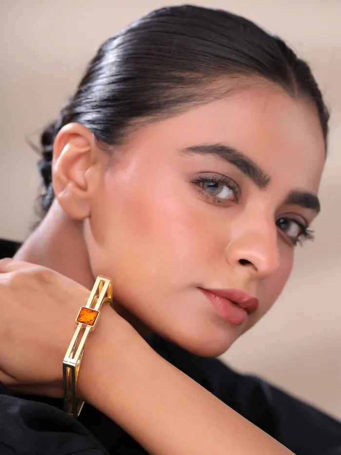 Earrings Yellow Chimes Yellow Chimes Cuff Bracelet Golden Fashion Cuff with Cubic Zirconia 26 in Gold