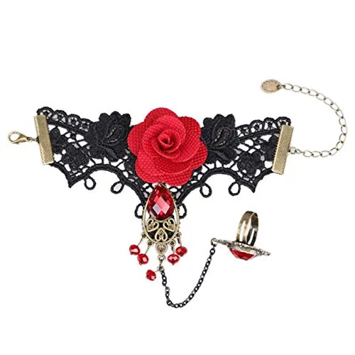 Earrings Yellow Chimes Yellow Chimes Designer Collection Gothic Red Black Rose Lace Hand Harness with Adjustable Finger Ring Charm Bracelet for Women and Girls