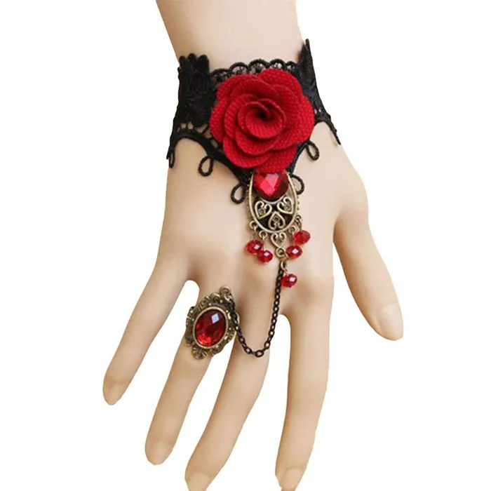 Earrings Yellow Chimes Yellow Chimes Designer Collection Gothic Red Black Rose Lace Hand Harness with Adjustable Finger Ring Charm Bracelet for Women and Girls