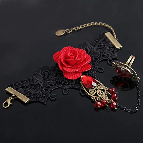 Earrings Yellow Chimes Yellow Chimes Designer Collection Gothic Red Black Rose Lace Hand Harness with Adjustable Finger Ring Charm Bracelet for Women and Girls