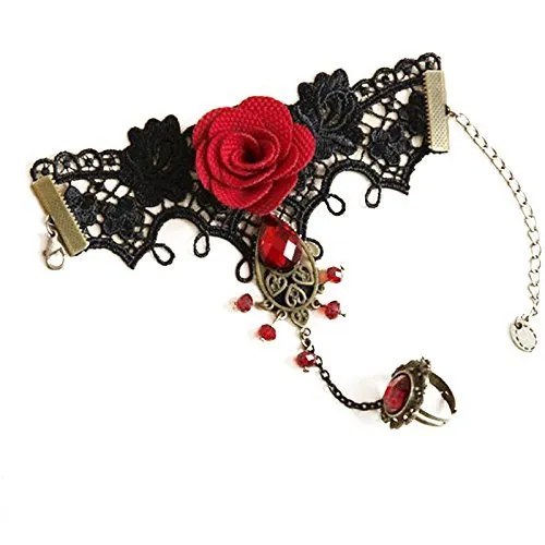 Earrings Yellow Chimes Yellow Chimes Designer Collection Gothic Red Black Rose Lace Hand Harness with Adjustable Finger Ring Charm Bracelet for Women and Girls