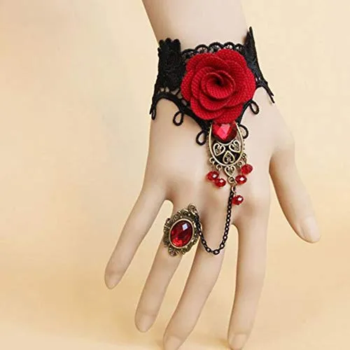 Earrings Yellow Chimes Yellow Chimes Designer Collection Gothic Red Black Rose Lace Hand Harness with Adjustable Finger Ring Charm Bracelet for Women and Girls