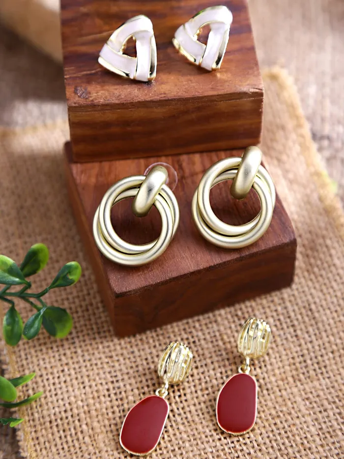 Earrings Yellow Chimes Yellow Chimes Drop Earrings for Women Combo of 3 Pairs Gold Plated Geometric Shaped Drop and Stud Earrings for Women and Girls