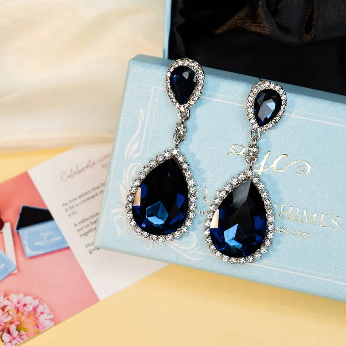 Earrings Yellow Chimes Yellow Chimes Earrings for Women and Girls Blue Stone Crystal Silver Tone Drops Oval Shaped Birthday Gift for Girls and Women Anniversary Gift for Wife