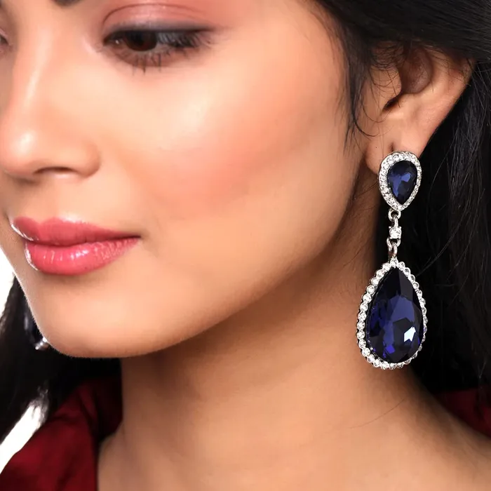 Earrings Yellow Chimes Yellow Chimes Earrings for Women and Girls Blue Stone Crystal Silver Tone Drops Oval Shaped Birthday Gift for Girls and Women Anniversary Gift for Wife