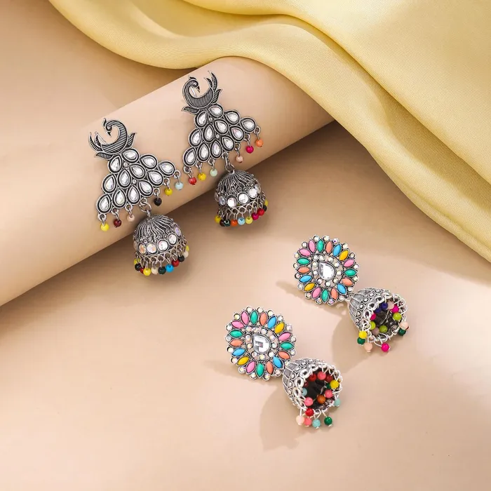 Earrings Yellow Chimes Yellow Chimes Earrings for Women and Girls Silver Oxidised Jhumka 2 Pair combo of Kundan Studded Jhumki Earrings Birthday Gift For girls and women Anniversary Gift for Wife