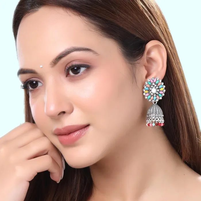 Earrings Yellow Chimes Yellow Chimes Earrings for Women and Girls Silver Oxidised Jhumka 2 Pair combo of Kundan Studded Jhumki Earrings Birthday Gift For girls and women Anniversary Gift for Wife