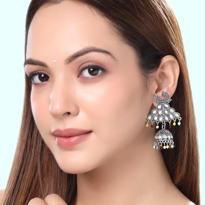 Earrings Yellow Chimes Yellow Chimes Earrings for Women and Girls Silver Oxidised Jhumka 2 Pair combo of Kundan Studded Jhumki Earrings Birthday Gift For girls and women Anniversary Gift for Wife