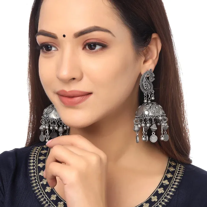 Earrings Yellow Chimes Yellow Chimes Earrings for Women and Girls Traditional Silver Oxidised Jhumka Earrings German Silver Big Jhumki Earrings Birthday Gift For girls and women Anniversary Gift for Wife