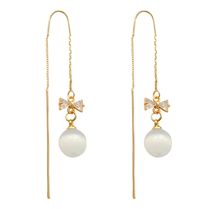 Earrings Yellow Chimes Yellow Chimes Earrings For Women Gold Tone Long Chain Tassel Bow Knot Shape Pearl Drop Earrings For Women and Girls