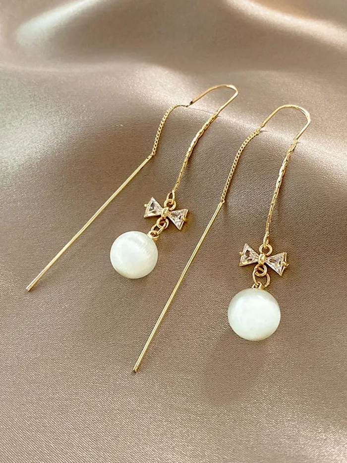 Earrings Yellow Chimes Yellow Chimes Earrings For Women Gold Tone Long Chain Tassel Bow Knot Shape Pearl Drop Earrings For Women and Girls