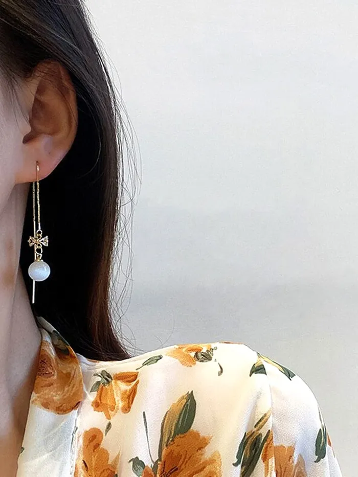 Earrings Yellow Chimes Yellow Chimes Earrings For Women Gold Tone Long Chain Tassel Bow Knot Shape Pearl Drop Earrings For Women and Girls