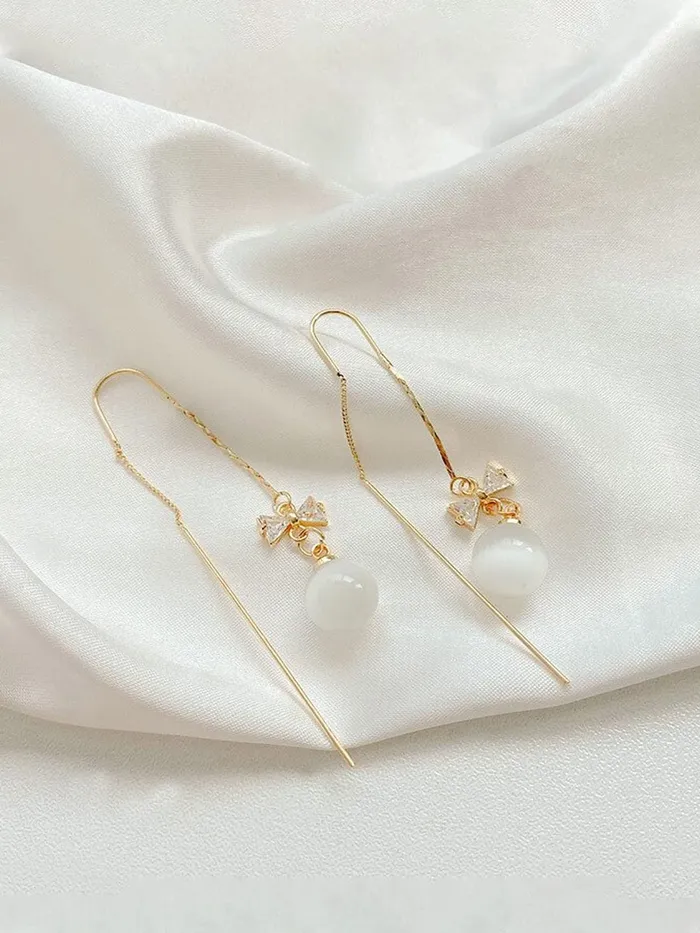 Earrings Yellow Chimes Yellow Chimes Earrings For Women Gold Tone Long Chain Tassel Bow Knot Shape Pearl Drop Earrings For Women and Girls