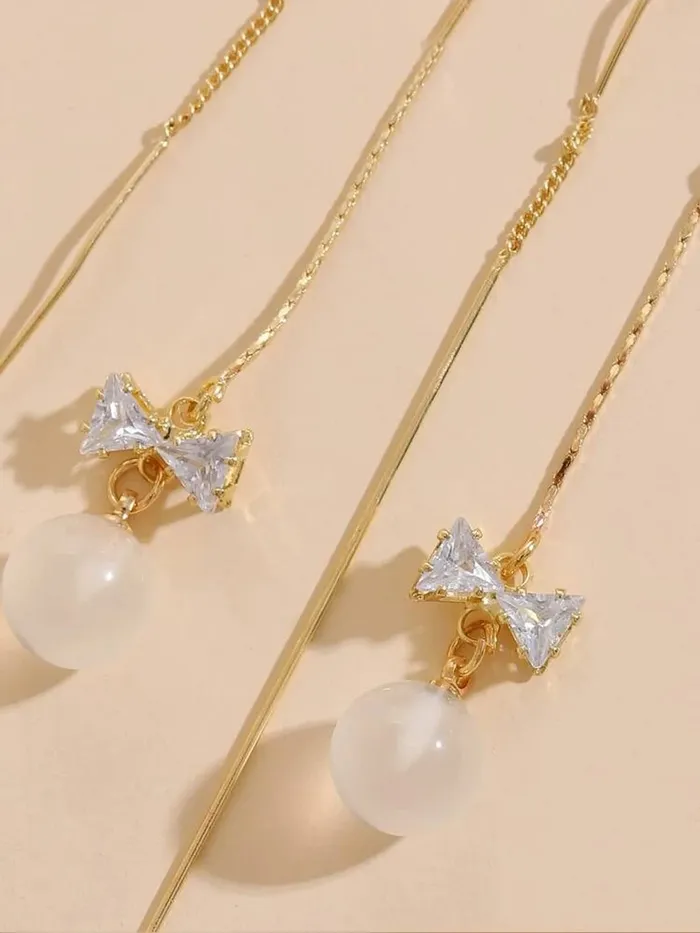 Earrings Yellow Chimes Yellow Chimes Earrings For Women Gold Tone Long Chain Tassel Bow Knot Shape Pearl Drop Earrings For Women and Girls