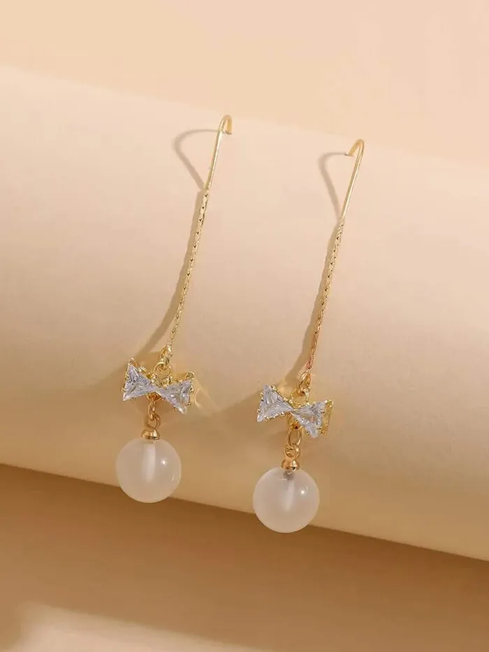 Earrings Yellow Chimes Yellow Chimes Earrings For Women Gold Tone Long Chain Tassel Bow Knot Shape Pearl Drop Earrings For Women and Girls