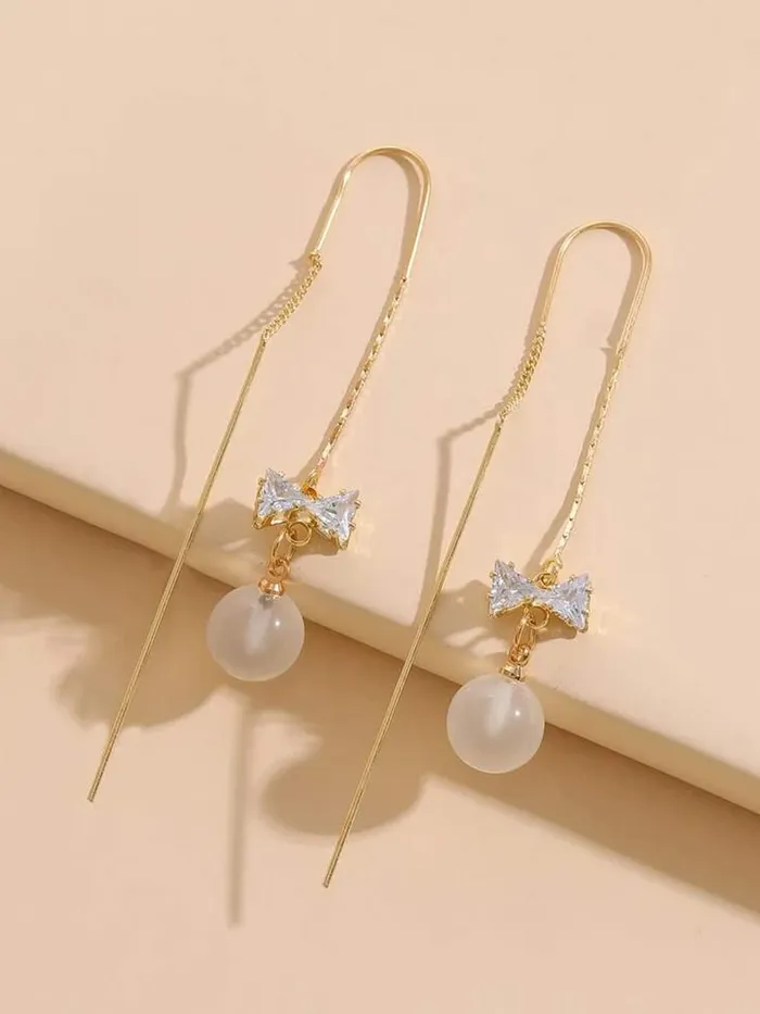 Earrings Yellow Chimes Yellow Chimes Earrings For Women Gold Tone Long Chain Tassel Bow Knot Shape Pearl Drop Earrings For Women and Girls