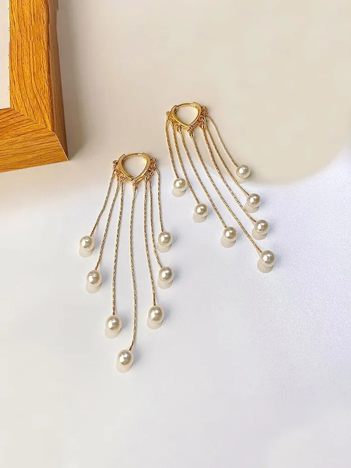 Earrings Yellow Chimes Yellow Chimes Earrings For Women Gold Toned Pearl Beads Hanging Drop Dangler Earrings For Women and Girls