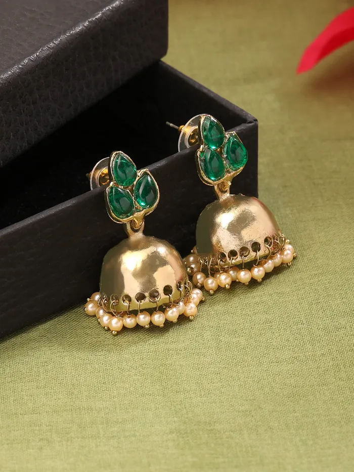 Earrings Yellow Chimes Yellow Chimes Earrings For Womens Girls Traditional Green And Gold Jhumka Gold Plated Earring Leaf Shaped Jhumki With Hanging Pearls Birthday Anniversary Gift