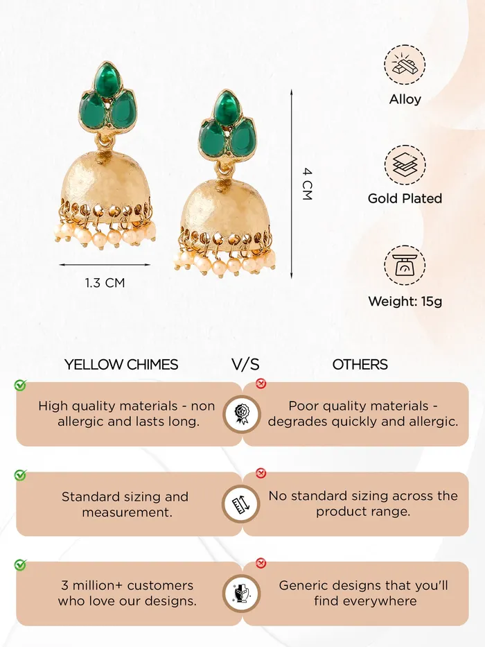 Earrings Yellow Chimes Yellow Chimes Earrings For Womens Girls Traditional Green And Gold Jhumka Gold Plated Earring Leaf Shaped Jhumki With Hanging Pearls Birthday Anniversary Gift