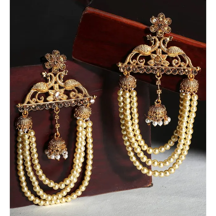Earrings Yellow Chimes Yellow Chimes Ethnic Gold Plated Flower Peacock Design Pearl Jhumka Dangler Earrings for Women and Girls Medium YCTJERPEKFLWGL