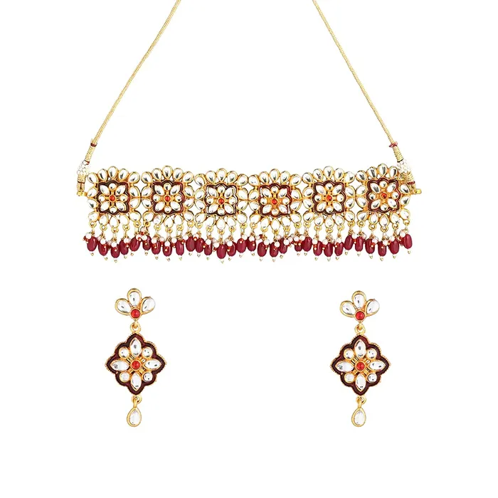 Earrings Yellow Chimes Yellow Chimes Ethnic Gold Plated Studded Kundan Beads Design Jewellery Set Traditional Choker Necklace Set with Earrings and maang Tikka for Women and Girls Design 10