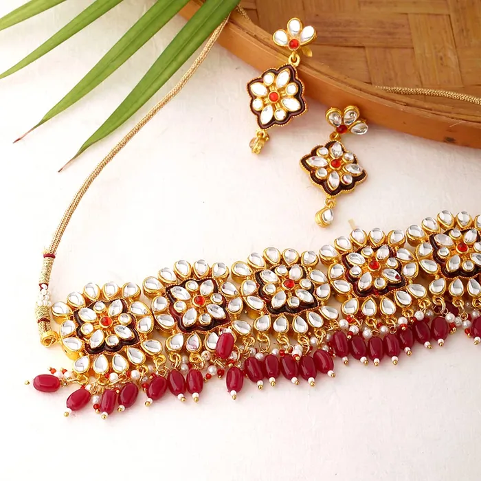 Earrings Yellow Chimes Yellow Chimes Ethnic Gold Plated Studded Kundan Beads Design Jewellery Set Traditional Choker Necklace Set with Earrings and maang Tikka for Women and Girls Design 10