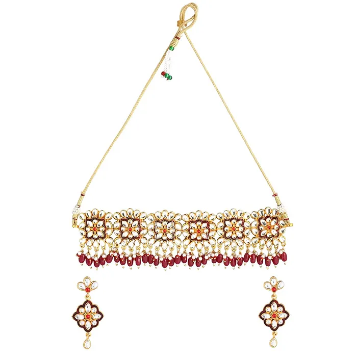 Earrings Yellow Chimes Yellow Chimes Ethnic Gold Plated Studded Kundan Beads Design Jewellery Set Traditional Choker Necklace Set with Earrings and maang Tikka for Women and Girls Design 10