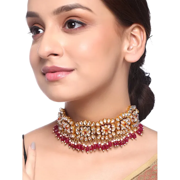 Earrings Yellow Chimes Yellow Chimes Ethnic Gold Plated Studded Kundan Beads Design Jewellery Set Traditional Choker Necklace Set with Earrings and maang Tikka for Women and Girls Design 10