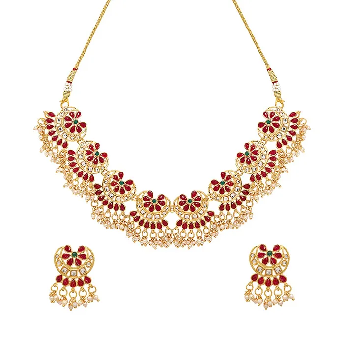 Earrings Yellow Chimes Yellow Chimes Ethnic Handcrafted Red Beads Floral Kundan Jewellery Set Gold Plated Traditional Choker Necklace Set for Women and Girls Earrings Yellow Chimes Yellow Chimes Ethnic Handcrafted Red Beads Floral Kundan Jewellery Set Gold Plated Traditional Choker Necklace Set for Women and Girls