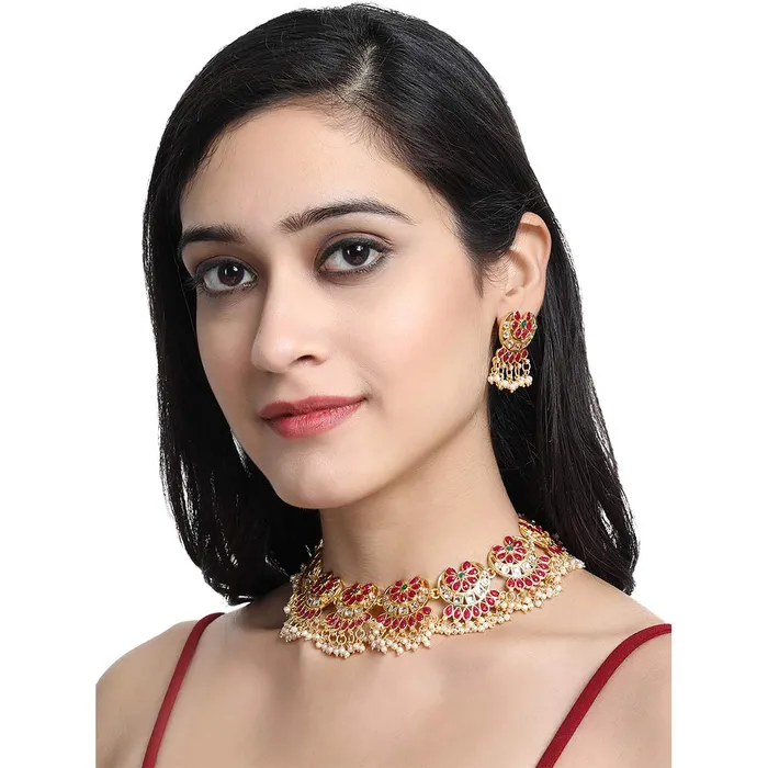 Earrings Yellow Chimes Yellow Chimes Ethnic Handcrafted Red Beads Floral Kundan Jewellery Set Gold Plated Traditional Choker Necklace Set for Women and Girls