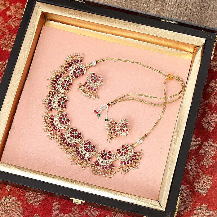 Earrings Yellow Chimes Yellow Chimes Ethnic Handcrafted Red Beads Floral Kundan Jewellery Set Gold Plated Traditional Choker Necklace Set for Women and Girls