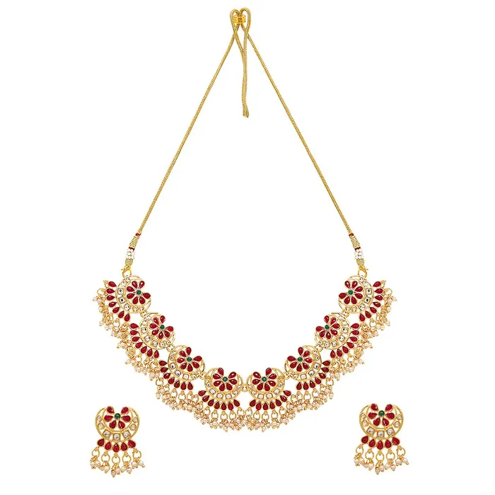 Earrings Yellow Chimes Yellow Chimes Ethnic Handcrafted Red Beads Floral Kundan Jewellery Set Gold Plated Traditional Choker Necklace Set for Women and Girls