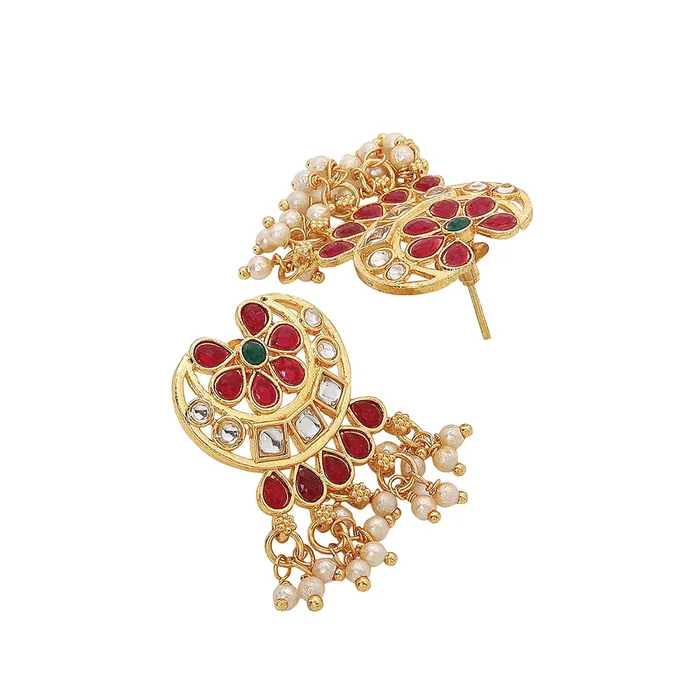Earrings Yellow Chimes Yellow Chimes Ethnic Handcrafted Red Beads Floral Kundan Jewellery Set Gold Plated Traditional Choker Necklace Set for Women and Girls