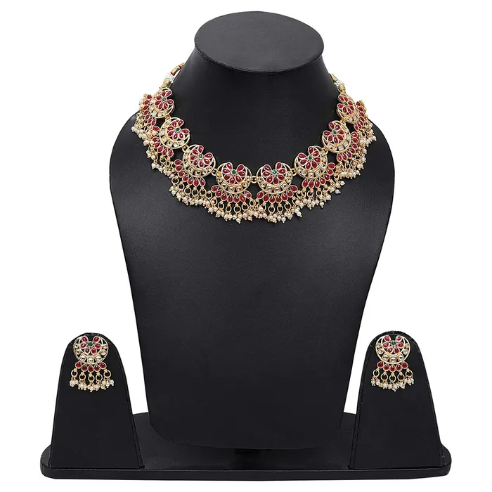 Earrings Yellow Chimes Yellow Chimes Ethnic Handcrafted Red Beads Floral Kundan Jewellery Set Gold Plated Traditional Choker Necklace Set for Women and Girls