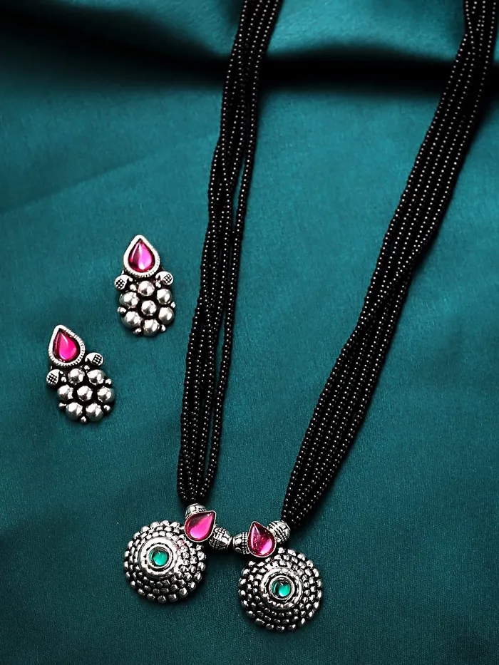 Earrings Yellow Chimes Yellow Chimes Ethnic Mangalsutra For Women Oxidised Kolhapuri Maangalsutra Beaded Charm Maangalsutra with Earring Set For Women MS4