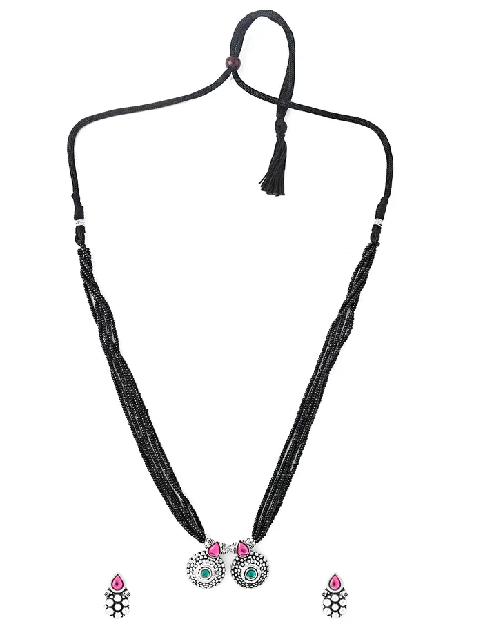 Earrings Yellow Chimes Yellow Chimes Ethnic Mangalsutra For Women Oxidised Kolhapuri Maangalsutra Beaded Charm Maangalsutra with Earring Set For Women MS4