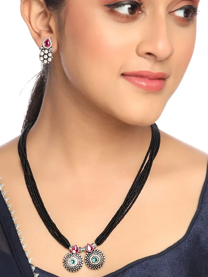 Earrings Yellow Chimes Yellow Chimes Ethnic Mangalsutra For Women Oxidised Kolhapuri Maangalsutra Beaded Charm Maangalsutra with Earring Set For Women MS4
