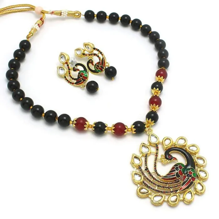 Earrings Yellow Chimes Yellow Chimes Exquisite Gold Plated Pearl Beads Kundan Studded Peacock Design Traditional Pendant Necklace Set with Earrings Jewellery Set for Women